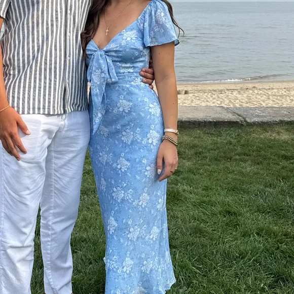 Altar'd State Sky Blue Floral Tie-Front Midi Dress - Picture 2 of 7